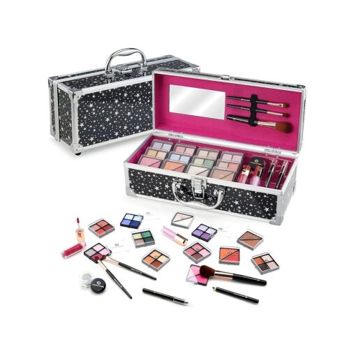 Color Nymph Beginners Full Face Makeup Sets for Teens With Portable Cosmetics Train Case Included 32 Colors Eyeshadow, Glitter Cream, Blush, Highlighter, Lip Gloss and Brush ( Black )