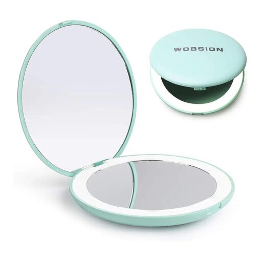 wobsion LED Lighted Travel Makeup Mirror, 1x/10x Magnification, Compact, Portable for Handbag, Purse, Pocket, 3.5 inch Illuminated, Folding, Handheld, 2-Sided, Round, Cyan