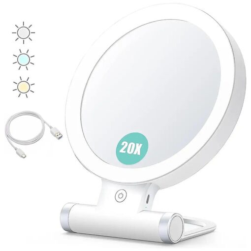 B Beauty Planet Magnifying Mirror with Light 20X/1X, Double Sided Tabletop Mirror with Adjustable Folding Handle, Cosmetic Mirror for Makeup/Travel, Tweezing, and Blackhead/Blemish Removal