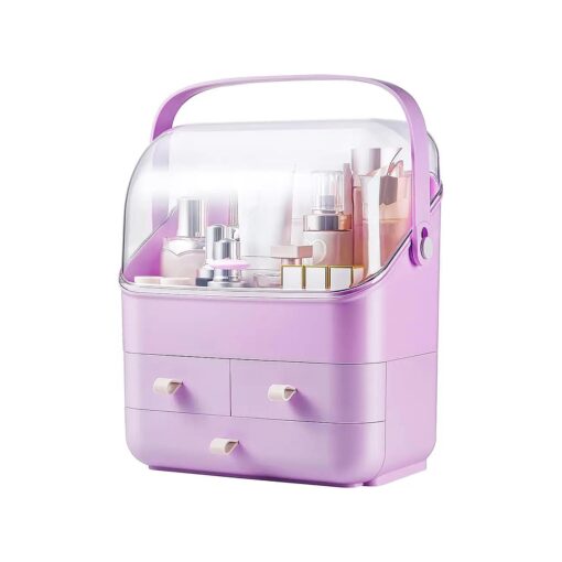 SUNFICON Large Makeup Organizer Holder Cosmetic Storage Case Beauty Essential Box Dust Free Cover Portable Handle Fully Open Waterproof Lid Drawers Bathroom Countertop Bedroom Dresser Purple