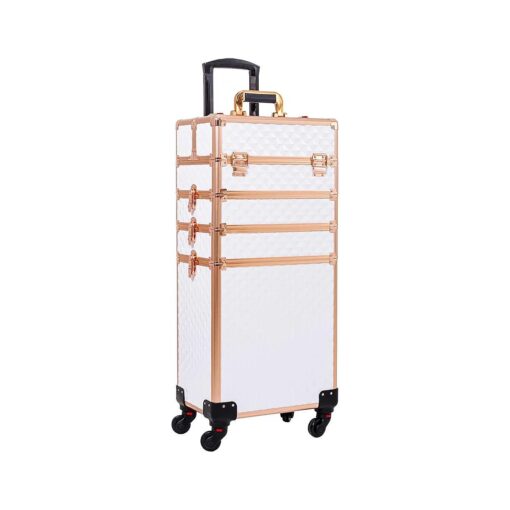 Rolling Makeup Train Case Large Storage Cosmetic Trolley 4 in 1 Large Capacity Trolley Makeup Travel Case with Key Swivel Wheels Salon Barber Case Traveling Cart Trunk, White