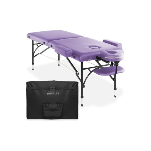 Saloniture Professional Portable Lightweight Bi-Fold Massage Table with Aluminum Legs - Includes Headrest, Face Cradle, Armrests and Carrying Case - Lavender