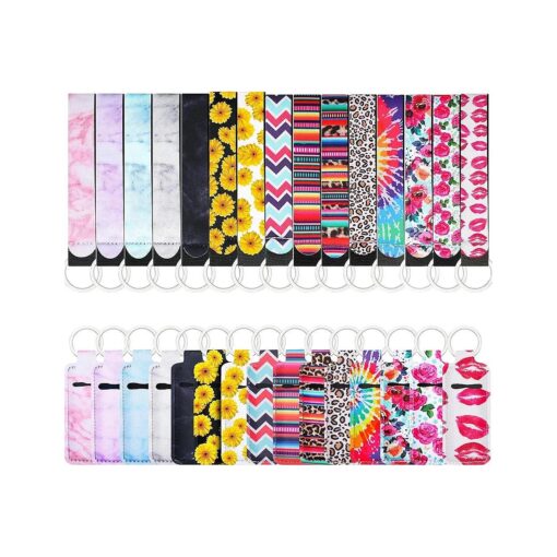 30 Pieces Chapstick Keychain Holders with Wristlet Keychain Neoprene Lipstick Sleeve Pouch Lip Balm Portable Pocket Lip