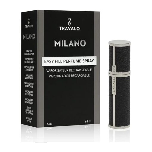 Travalo Milano Perfume Atomizer Travel Refill U-Change System TSA Approved Reusable Airtight Easy Fill Mini Pump Sprayer Lightweight Portable Vegan Leather with Polished Metal Outer Shell Black 0.17oz