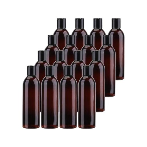 Bekith 16 Pack 8 ounce Amber Empty Plastic Bottles with Disc Top Flip Cap ; BPA-Free Refillable Containers For Shampoo, Lotions, Liquid Body Soap, Creams