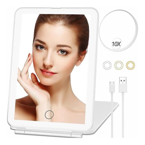 Makeup Mirror with 10X Magnifying Mirror, Vanity Mirror with 80 LED Lights, Rechargeable 2500mAh Batteries, Travel LED Mirror with 3 Color Lights, Compact Light Up Mirror, Travel Essentials for Women