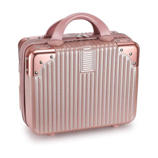 Noverlife Portable Makeup Travel Case Hand Luggage 12 Inch, Pressure-proof ABS Carrying Makeup Case Suitcase with Elastic Band, Small Hard Shell Cosmetic Case for Travel Camping Women Girl - Rose Gold