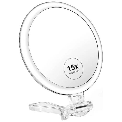 MGLIMZ 1X 15X Magnifying Hand Mirror with Handle, Double Sided, Foldable Handheld Mirror with Magnification, Desk Small Face Travel Makeup Mirror