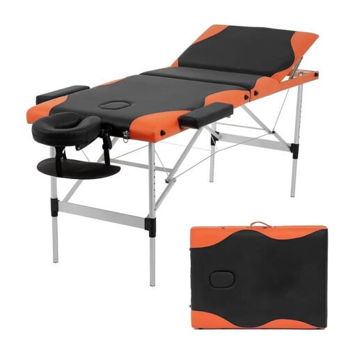 BestMassage Spa 3 Fold 84 Inch Height Adjustable Aluminium Massage Table Portable Facial Salon Tattoo Bed W/Face Cradle Carry Case, Orange, Black, Silver