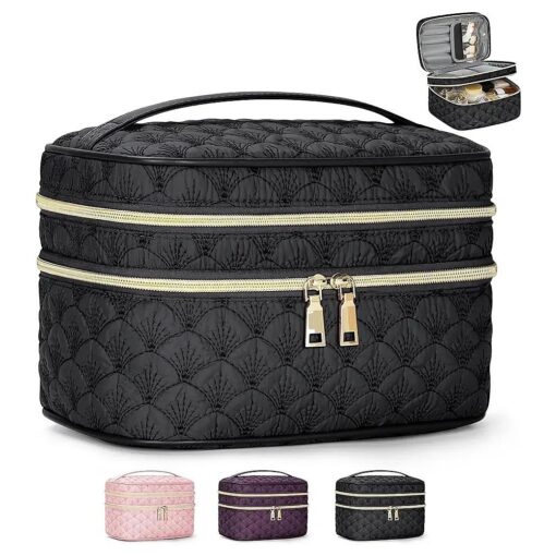 IGOLUMON Travel Makeup Bag Double Layer Make Up Bag Portable Large Cosmetic Bag Wide-open Toiletry Bag for Women Roomy Cosmetic Case Pouch Multifunction Organizer Storage Bag, Black