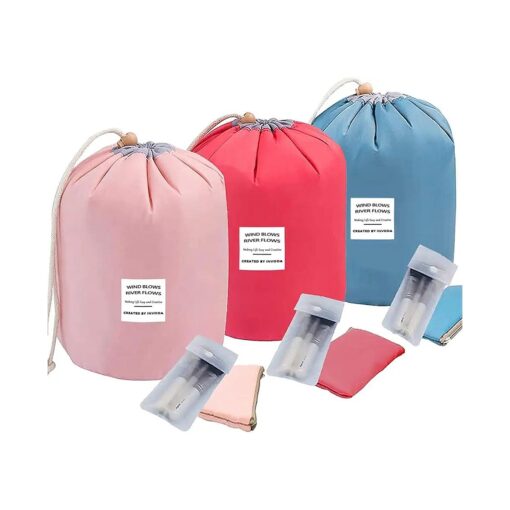 INVODA 3PCS Cosmetic Bag 3 Pieces Barrel Shaped Travel Makeup Bags Large Capacity Soft Waterproof Portable Drawstring Cosmetic Bag Multifunctional Bucket Toiletry Bag ( Pink+Red+Blue )