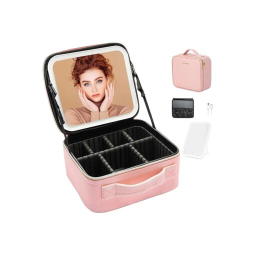 Travel Makeup Bag with LED Lighted Mirror 3 Color Scenarios Adjustable Brightness, Waterproof Cosmetic Train Case Organizer with DIY Dividers, Toiletry Makeup Case Gift for Lady