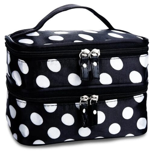 OUO Cosmetic Bag MakeUp Case Double Layer Dot Pattern Portable Waterproof Wear Resistance Durable With 2 Zipper Holder With Mirror Travel Toiletry Bag Organizer ( Black White )