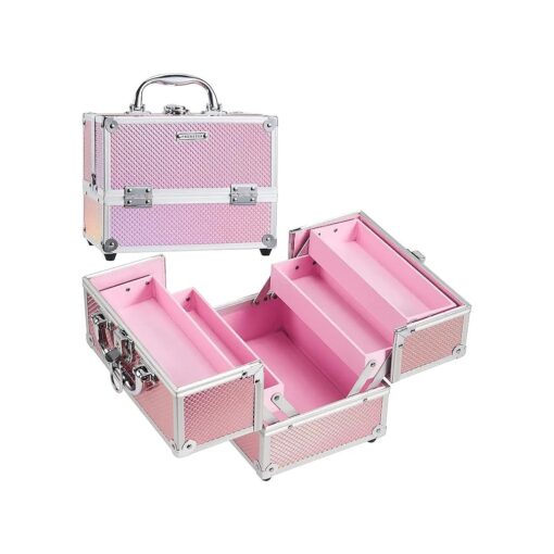 FRENESSA Makeup Train Case Beauty Cosmetic Box 4 Tier Trays Jewelry Storage Organizer with Lockable Pink Lining Perfect for Women and Girls - Mermaid Pink