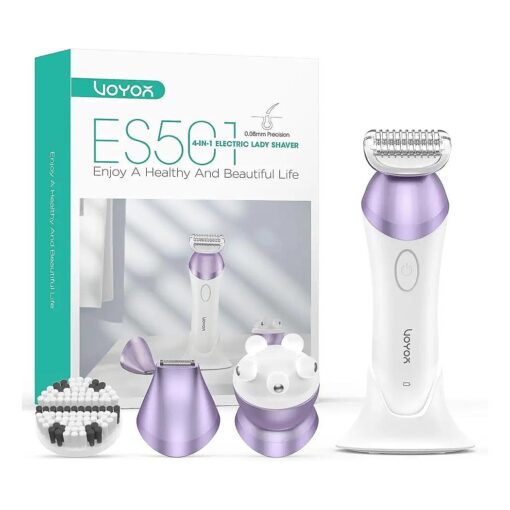 VOYOR Electric Razors for Women 4 in 1 Bikini Trimmer, Foil Shaver for Women 4 Replacement Heads for Body, Pubic Hair Trimmer, Cleansing, Massage 2 Adjustable Speeds Rechargeable Shaver ES501 ( Purple )