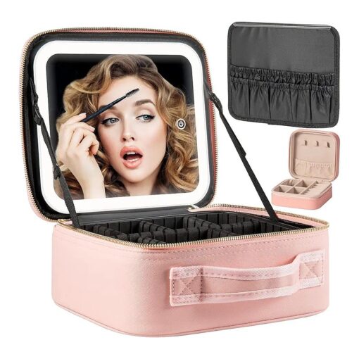 Makeup Travel Train Case with Mirror LED Light 3 Adjustable Brightness Cosmetic Bag Portable Storage Adjustable Partition Waterproof Makeup Brushes Makeup Jewelry Gift for Women