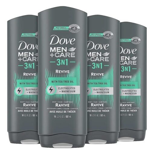 DOVE MEN + CARE Post-Workout Body Wash 3N1 Revive 4 Count For Men With Tea Tree Oil, 18 oz