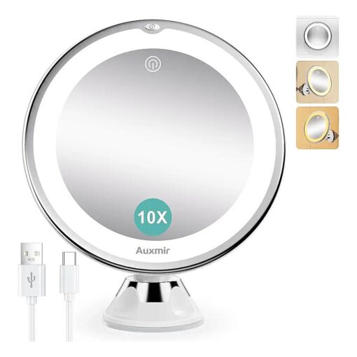 Upgraded 10X Magnifying Lighted Makeup Mirror with 3 Color Lights, Rechargeable Vanity Mirror with Power Suction Cup, 360deg Swivel, Touch Dimmable Lighted Bathroom Mirror for Home Travel