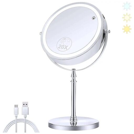 Lighted Makeup Mirror, 20X Magnifying Mirror with Light, Double Sided Makeup Mirror with 20X/1X Magnification, 360degRotation, 3 Colors Brightness Adjustable Vanity Mirror with 42 LEDs, 2000mAh