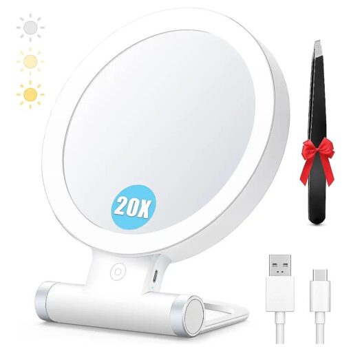 20X Magnifying Mirror with Light, Travel Magnifying Mirror, 1X/20X Vanity Mirror with Light, Adjustable Handle Travel Makeup Mirror, Touch Switch Light up Mirror for Plucking Eyebrows