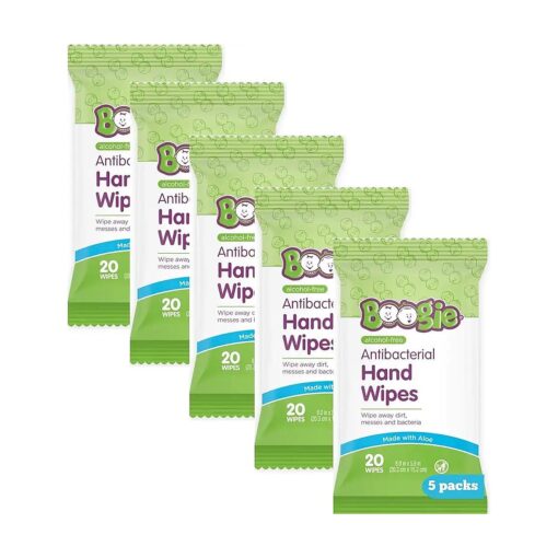 Antibacterial Hand Wipes by Boogie, Alcohol Free, Hypoallergenic and Moisturizing Aloe, Hand Wipes for Kids and Adults, 5 Packs of 20 ( 100 Total Wipes )