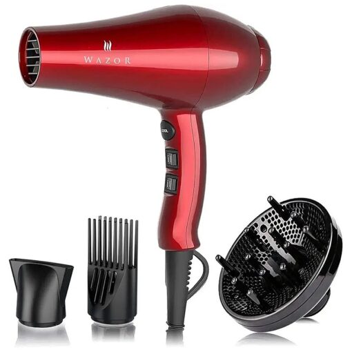 1875W Professional Ionic Hair Dryer, Salon Lightweight Blow Dryer, 2 Speed and 3 Heat Settings, Powerful Ceramic Fast Dryer with Diffuser, Concentrator and Comb, Red