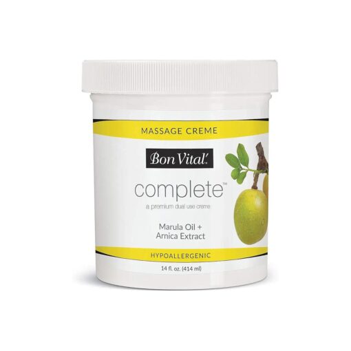 Bon Vital Complete Massage Creme, Premium Dual Use Cream for Hypoallergenic Professional Massages, Non Greasy Unscented Moisturizer Made with Marula, Olive, Avocado, & Jojoba Oil, 14 oz, Jar