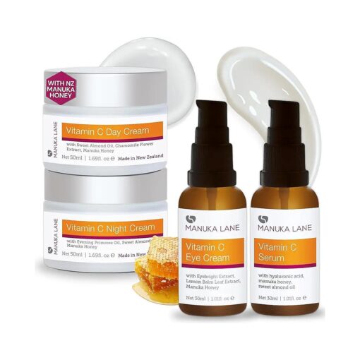 Manuka Lane Vitamin C Complete Skin Care Regimen | Includes ( 1 ) Day Cream, ( 1 ) Night Cream, ( 1 ) Face Serum, ( 1 ) Eye Cream | Powerful, Safely Derived, and Natural Ingredients