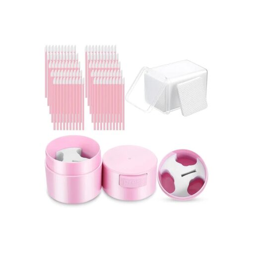 301 Pieces Lash Extension Supplies Set, Includes Eyelash Glue Storage Container, 200 Pieces Glue Wiping Cloth and 100 Pieces Disposable Lip Brushes for Lash Extension Grafting Eyelash ( Pink )