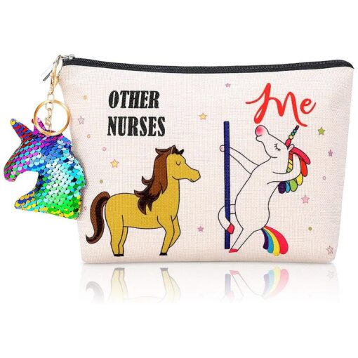 Yaomiao 2 Piece Nurse Appreciation Gifts for Women Other Nurse Me Nurse Week Graduation Gifts Nurse Cosmetic Bag Makeup Bag Pencil Pouch with Zipper Unicorn Keychain for Nurse, Coworker, Practitioner