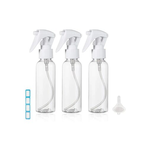 Travel Size Spray Bottle, 3.4oz/100ml Plastic Fine Mist Spray Bottle Set, Refillable Liquid Containers, 3pcs Clear Trigger Sprayer with Funnel and Labels for Styling Kitchen Home Office Cleaning