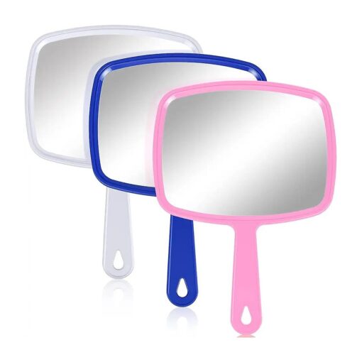 3 Pieces Hand Mirror Handheld Cosmetic Mirror with Handle, Makeup Hand Mirror Hairdressers Paddle Mirror Portable Vanity Mirror for Travel, Home and Salon Use ( Blue, White, Pink, 9.17 x 6.53 Inch )