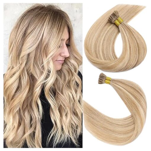 Pre bonded I Tip Human Hair Extension for Women Fusion Stick Tip Remy Human Hair Piece Invisible Keratin Glue Full Head 100 Strands 50 Gram 16Inch # 12P613 Golden Brown & Bleach Blonde