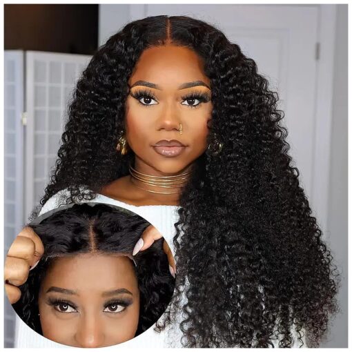 BLY Curly Glueless Wear and Go Pre Cut Lace Front Wigs Human Hair Pre Plucked Ready to Wear Wig for Women Afro Kinky Curly Black Color Hair Wig with Elastic Band 24 Inch