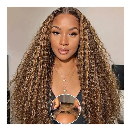 Glueless Curly Wigs Human Hair Pre Plucked Pre Cut Ombre Highlight 5x5 HD Transparent Lace Frontal Honey Blonde Colored Lace Front Wigs Human Hair with Baby Hair for Women 22 Inch