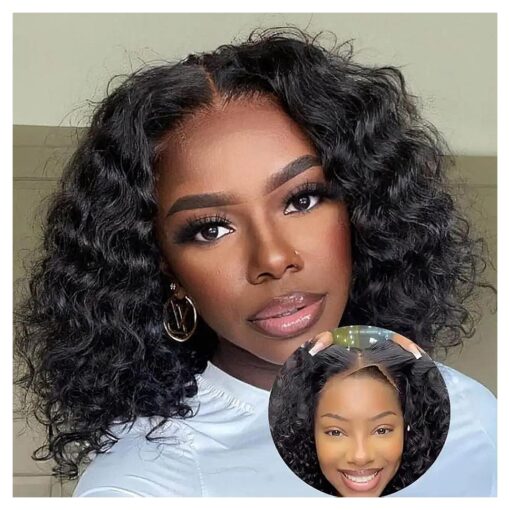 Wear and Go Glueless Bob Wigs Human Hair Pre Plucked Pre Cut Deep Wave Bob Wig Human Hair Lace Front Wigs for Black Women Upgraded No Glue 4x4 Lace Closure Glueless Wigs for Beginners 12 Inch