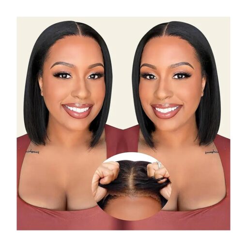 Glueless Wigs Human Hair Pre Plucked Pre Cut, Short Straight Bob Lace Front Wigs for Black Women, 4x4 HD Lace Closure Wigs with Elastic Band for Beginners 180 % Density