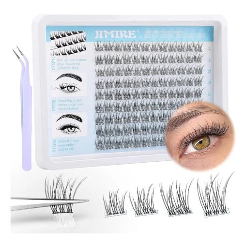 JIMIRE Self Adhesive Eyelashes Natural Wispy Pre Glued Lash Clusters No Glue Needed Press on Lashes with Tweezers Reusable Self Adhesive Lash Clusters Easy to Apply 9-12MM