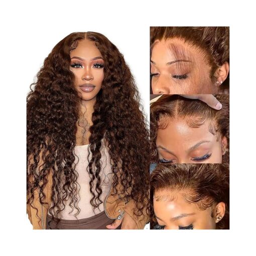 Chocolate Brown Deep Wave Lace Front Wig Human Hair 13X4 HD Curly Human Hair Wigs Lace Front 150 % Density Brazilian Virgin Wigs Pre Plucked with Baby Hair 22 Inch