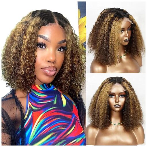 QUEEN MARY Highlight Lace Front Wigs Human Hair Curly Short Bob Wig 4x4 Closure Bob Wig for Black Women Short Wigs Ombre Lace Front Wig Pre-Plucked with Baby Hair 10Inch