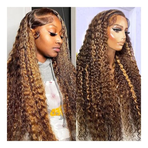 Highlight Lace Front Wigs Human Hair Deep Wave 30inch 13x4 Honey Blonde Glueless Lace Front Wigs P4/27 Ombre Human Hair Pre Plucked with Baby Hair HD Transparent Lace Frontal Wigs 180 % Density