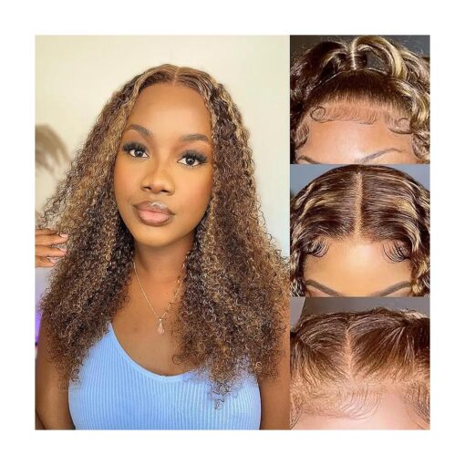 Honey Blonde Bob Wig Human Hair Short Kinky Curly Wigs for Black Women 4/27 Highlight Ombre 13x4 HD Transparent Lace Front Wigs Glueless Wigs Human Hair Pre Plucked with Baby Hair 16 Inch