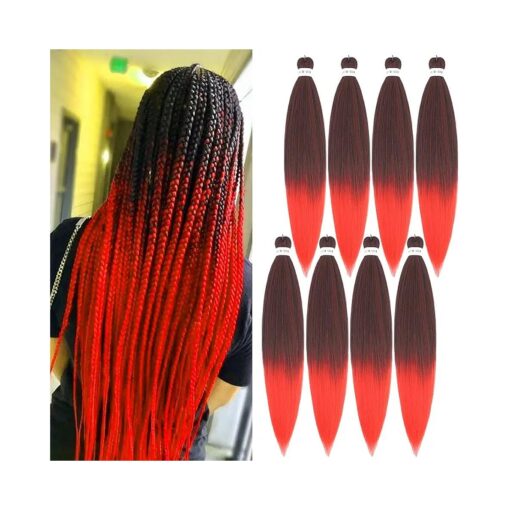 Pre stretched Braiding Hair 8 Packs 30 Inch Professional Long Braiding Hair Extensions Synthetic Fiber Crochet Twist Braids Hair Soft Yaki Texture Hot Water Setting ( 30Inches, Mixed Black & Red ) ...