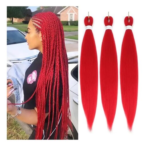 Red Braiding Hair Pre Stretched Easy Braiding Hair Yaki Texture Professional Synthetic Braiding Hair 26 Inches Braids Hot Water Setting for Box Crochet Hair Extensions ( 3pcs, Red )