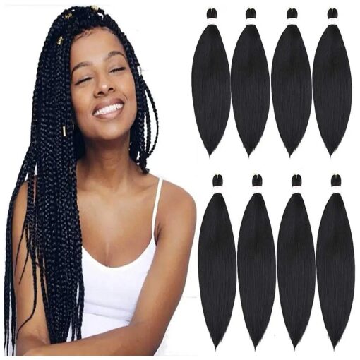 Pre Stretched Braiding Hair 8 Packs 24 Inch Professional Pre Stretched Crochet Hair For Human Braiding Or Twist Natural Black Yaki Perm Straight Synthetic Hair Extension For Women ( 24", 1B # )