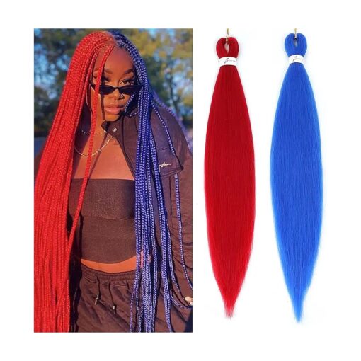 Blue and Red Braiding Hair Pre Stretched 2 Packs - 26 Inch Braiding Hair Professional Synthetic Prestretched Crochet Braids Hair Extension Itch Free Hot Water Setting Yaki Texture ( Blue/Red # )