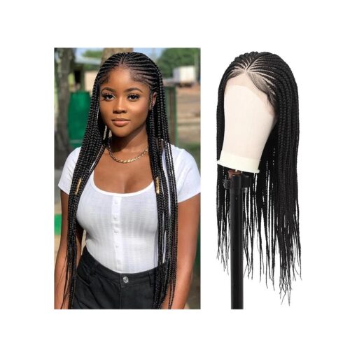 Brinbea 13X5" Lace Front Box Braided Wigs for Women 24" Black Braid Wigs with Baby Hair Premium Human Hair Blended Lace Frontal Cornrow Braided Hair Wigs