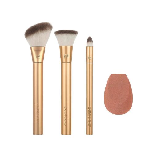 EcoTools Precious Metals Face Blend & Sculpt Set, Makeup Brush Kit For Foundation, Concealer, & Powder, Ecofriendly Makeup Brush Kit, Recycled Aluminum, Chrome, Cruelty-Free, 4 Piece Set