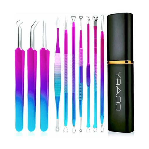 Blackhead Extractor Tools, Ybaoo 10 Pcs Professional Pimple Popper Tool Kit with Metal Case for Quick and Easy Removal of Blackheads, Pimples, Zit Removing, Facial and Nose ( Colorful )