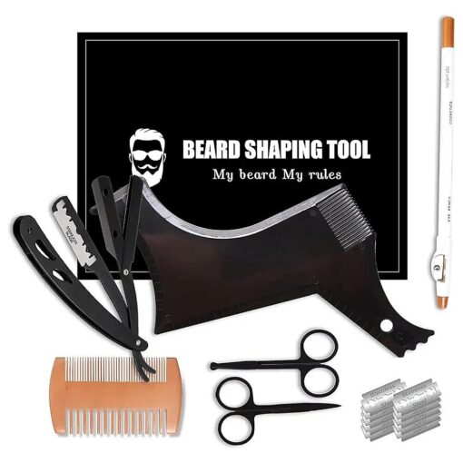 Beard Shaper, Beard Shaping Tools, Include Beard Template Guide, Professional Straight Edge Razor, 10 Count of Double Edge Blade, Barber Pencil, Beard Comb, 2 Stainless Steel Scissors, CUKBLESS